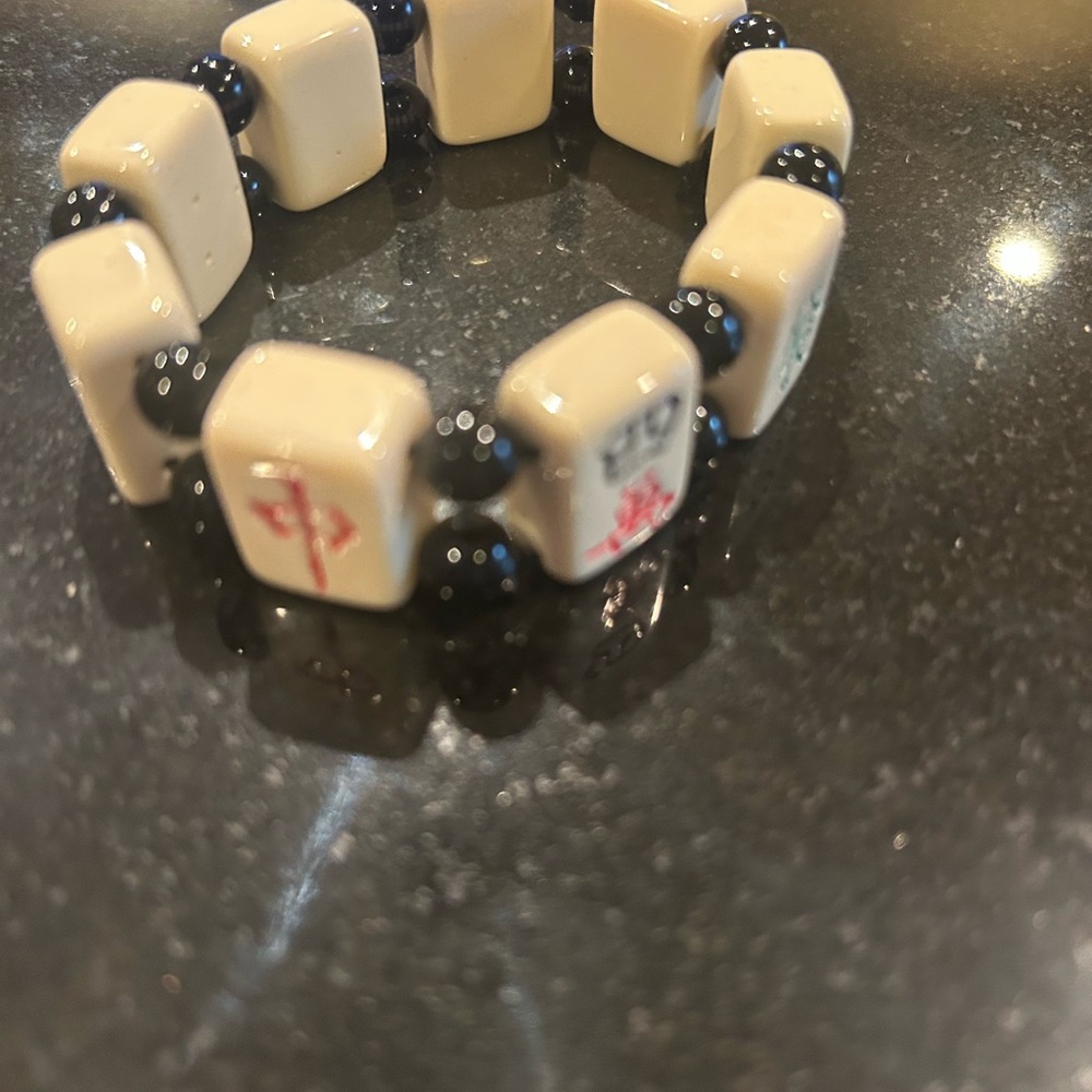 Vintage Mahjong Tile Stretch Bracelet with Black Beads - Picture 2 of 5